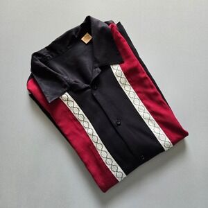 Perry Ellis Bowling Shirt Mens XL Relax Fit Black Red Embroidered Vertical Retro
